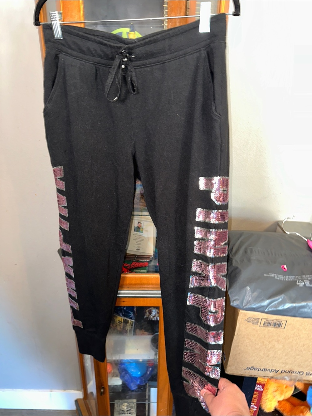 PINK Victoria's Secret Black Jogger Pants with Sequin Logo